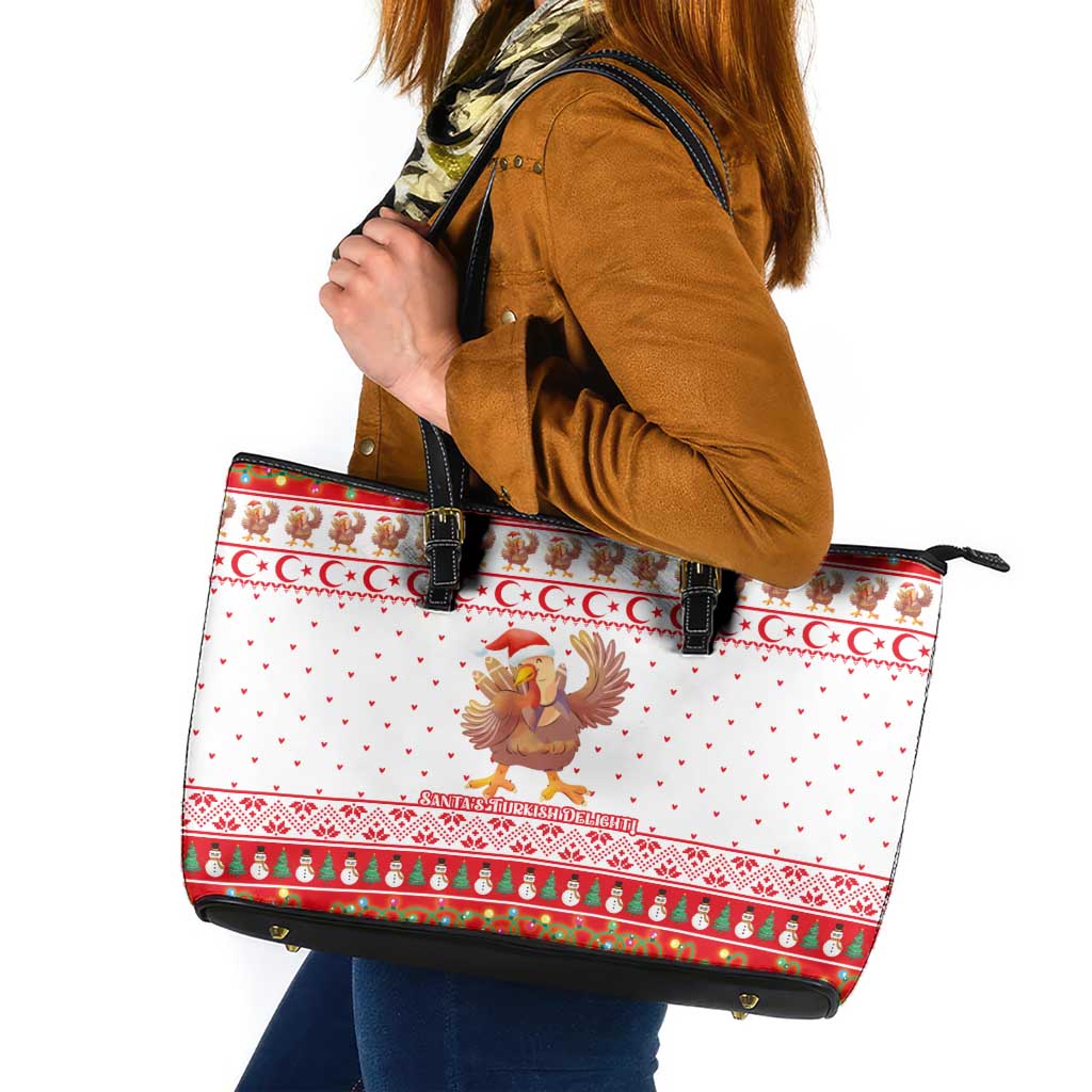 Turkey Christmas Leather Tote Bag with Santa Turkey Red Crescent Pattern Snowmen and Festive Lights - Wonder Print Shop