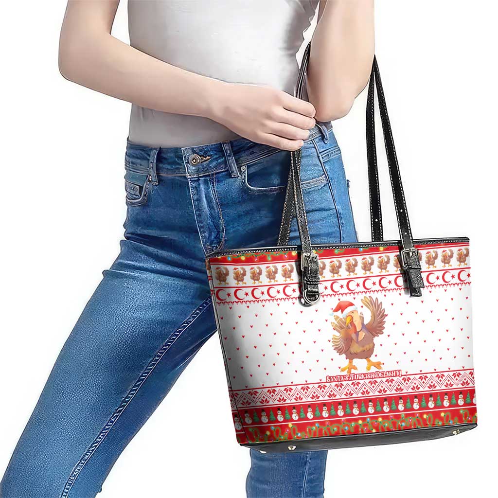 Turkey Christmas Leather Tote Bag with Santa Turkey Red Crescent Pattern Snowmen and Festive Lights - Wonder Print Shop
