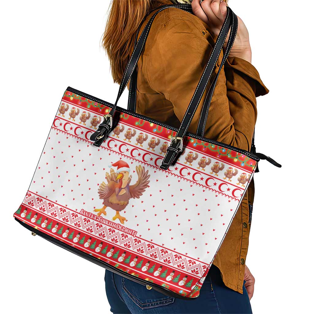 Turkey Christmas Leather Tote Bag with Santa Turkey Red Crescent Pattern Snowmen and Festive Lights - Wonder Print Shop
