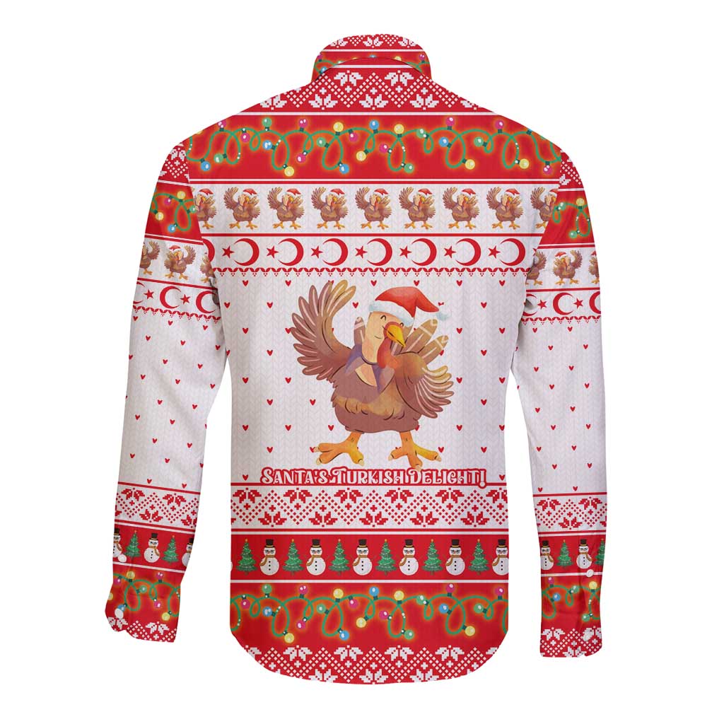 Turkey Christmas Long Sleeve Button Shirt with Santa Turkey Red Crescent Pattern Snowmen and Festive Lights - Wonder Print Shop