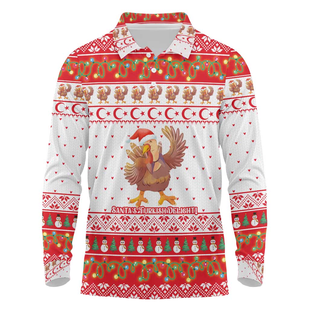 Turkey Christmas Long Sleeve Polo Shirt with Santa Turkey Red Crescent Pattern Snowmen and Festive Lights - Wonder Print Shop