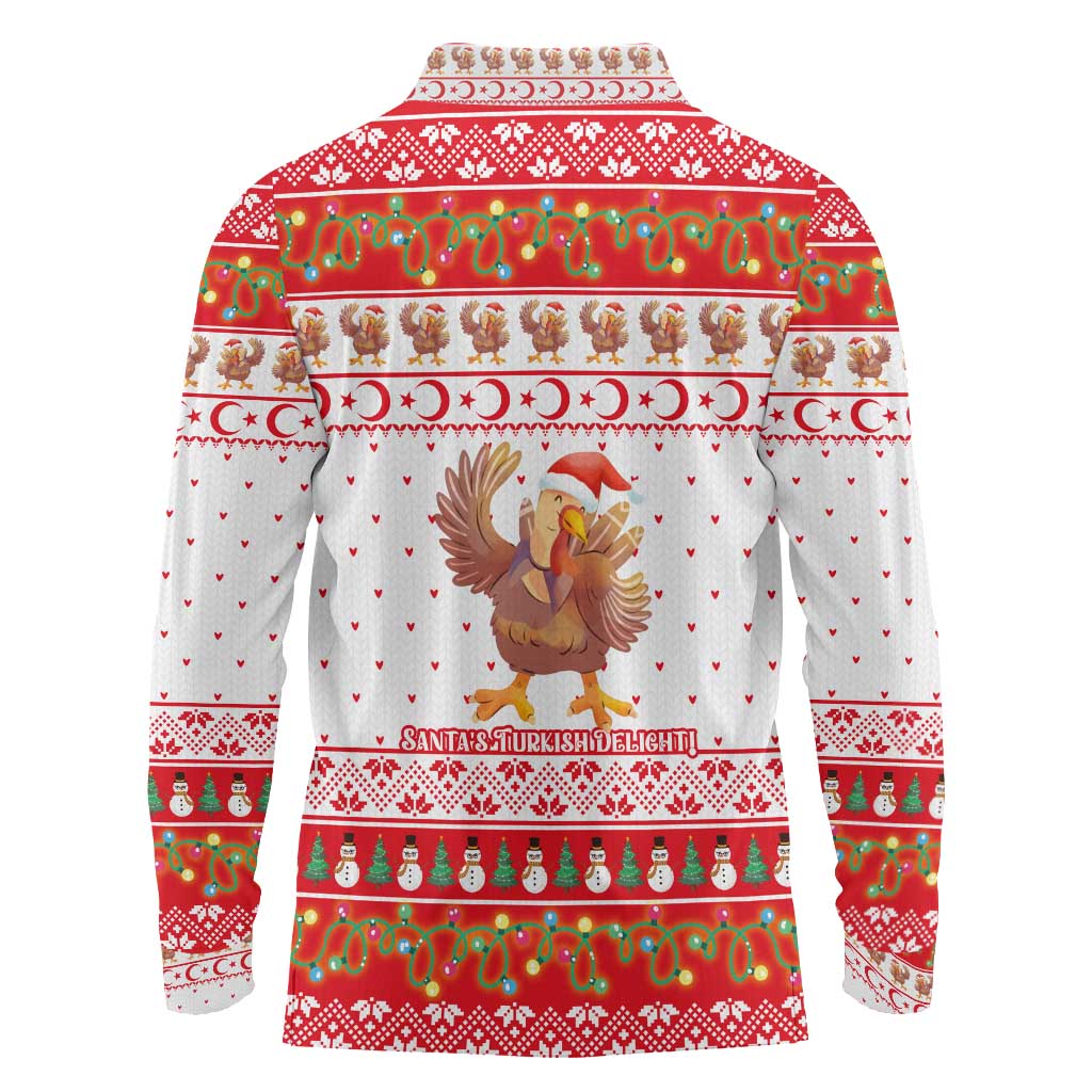 Turkey Christmas Long Sleeve Polo Shirt with Santa Turkey Red Crescent Pattern Snowmen and Festive Lights - Wonder Print Shop