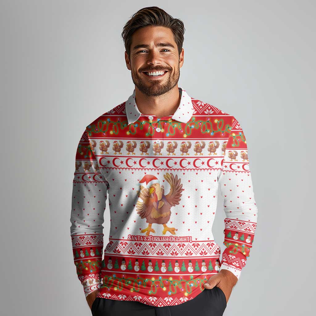 Turkey Christmas Long Sleeve Polo Shirt with Santa Turkey Red Crescent Pattern Snowmen and Festive Lights - Wonder Print Shop