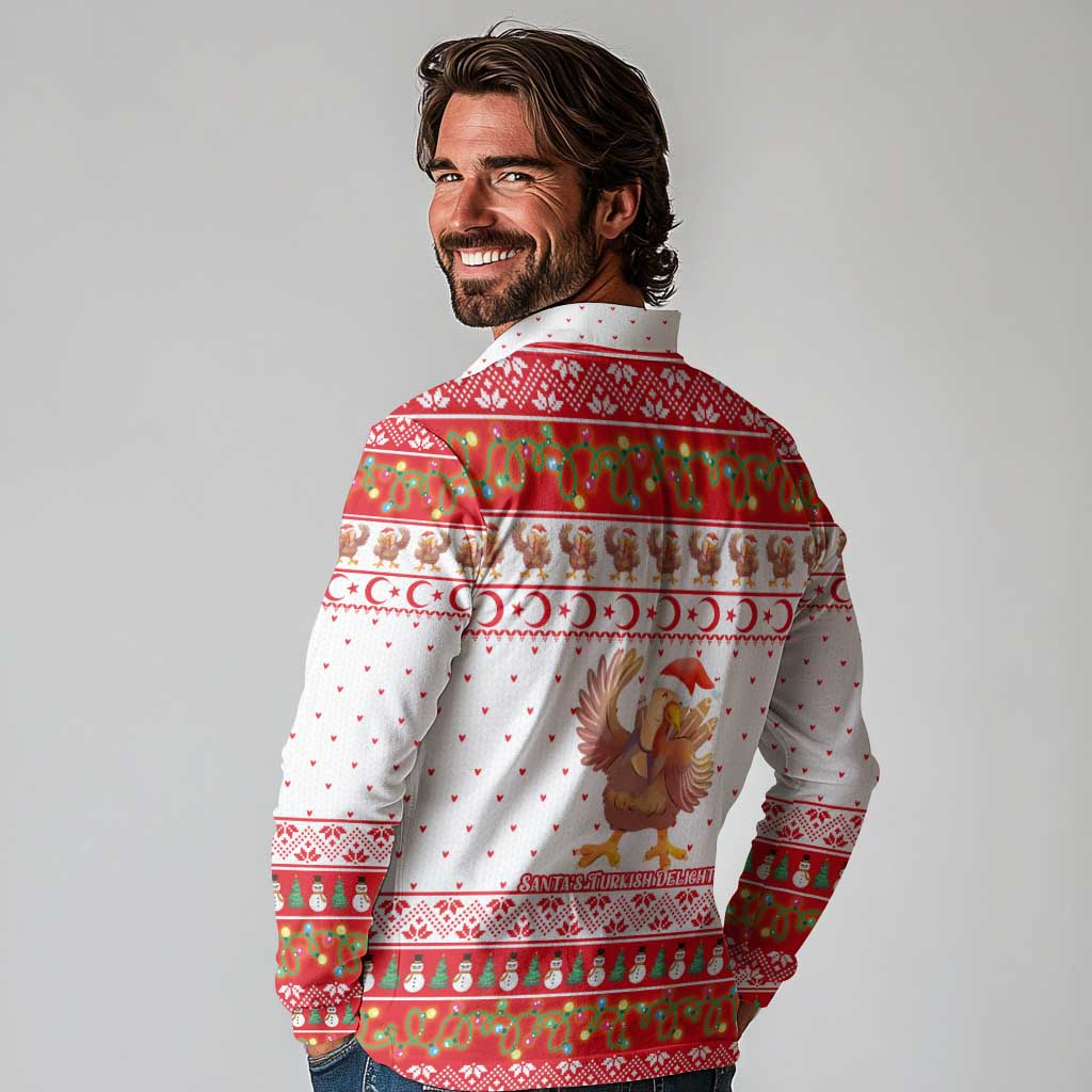 Turkey Christmas Long Sleeve Polo Shirt with Santa Turkey Red Crescent Pattern Snowmen and Festive Lights - Wonder Print Shop