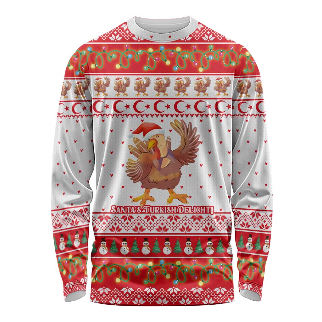 Turkey Christmas Long Sleeve Shirt with Santa Turkey Red Crescent Pattern Snowmen and Festive Lights - Wonder Print Shop