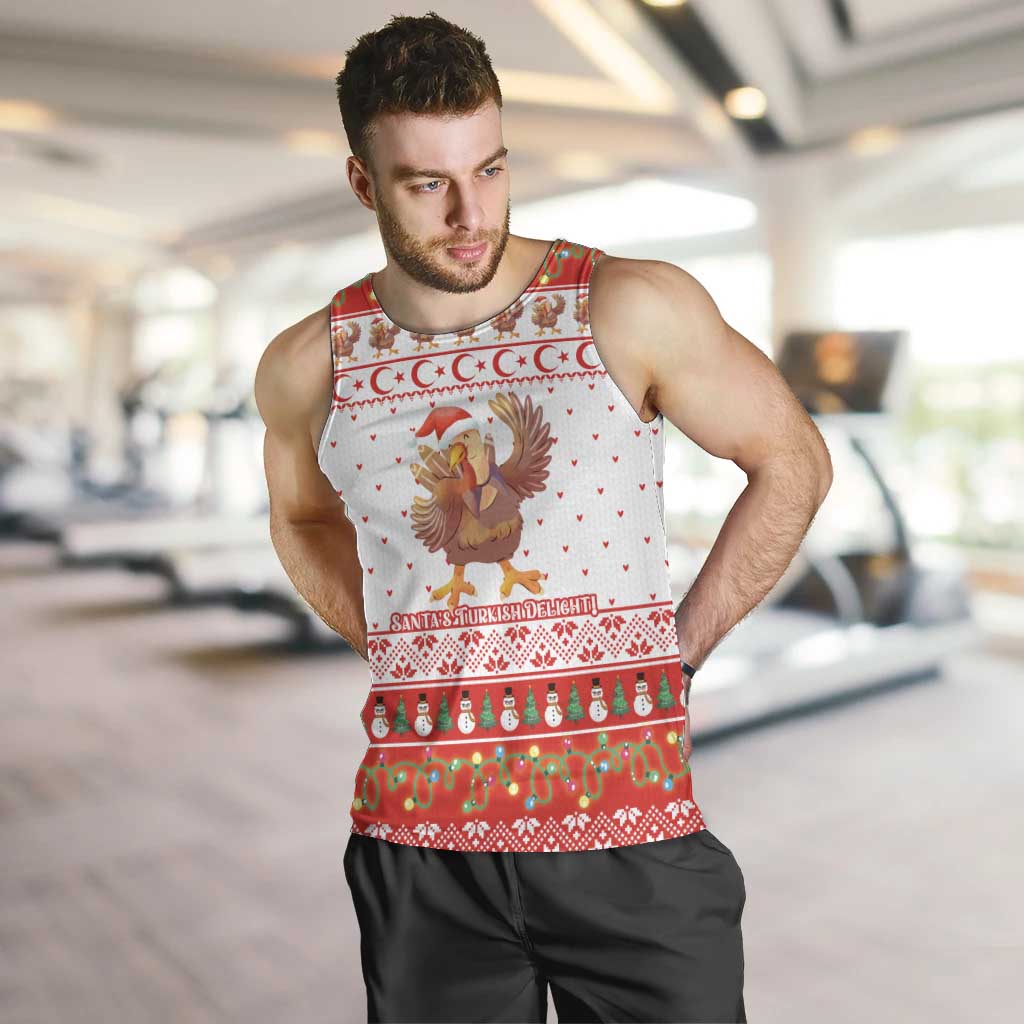 Turkey Christmas Men Tank Top with Santa Turkey Red Crescent Pattern Snowmen and Festive Lights - Wonder Print Shop