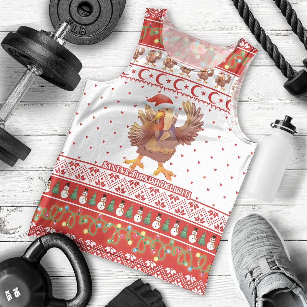 Turkey Christmas Men Tank Top with Santa Turkey Red Crescent Pattern Snowmen and Festive Lights - Wonder Print Shop