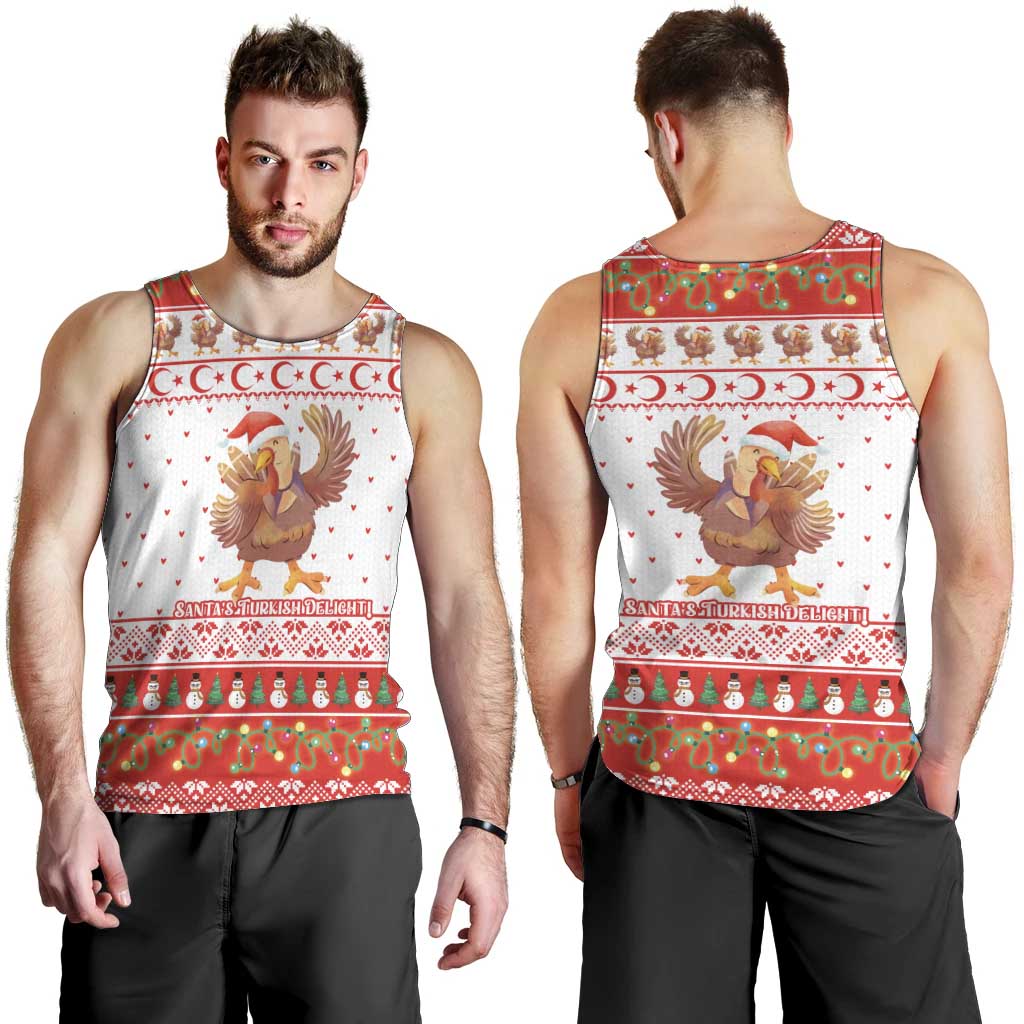 Turkey Christmas Men Tank Top with Santa Turkey Red Crescent Pattern Snowmen and Festive Lights - Wonder Print Shop