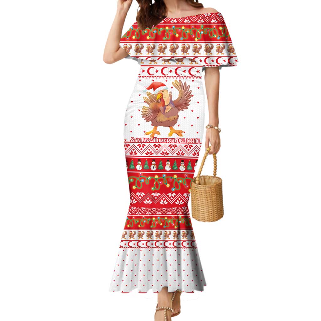 Turkey Christmas Mermaid Dress with Santa Turkey Red Crescent Pattern Snowmen and Festive Lights - Wonder Print Shop