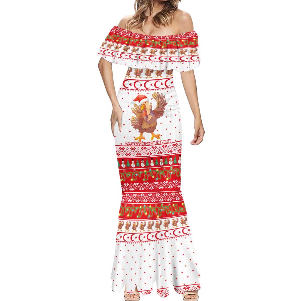 Turkey Christmas Mermaid Dress with Santa Turkey Red Crescent Pattern Snowmen and Festive Lights - Wonder Print Shop