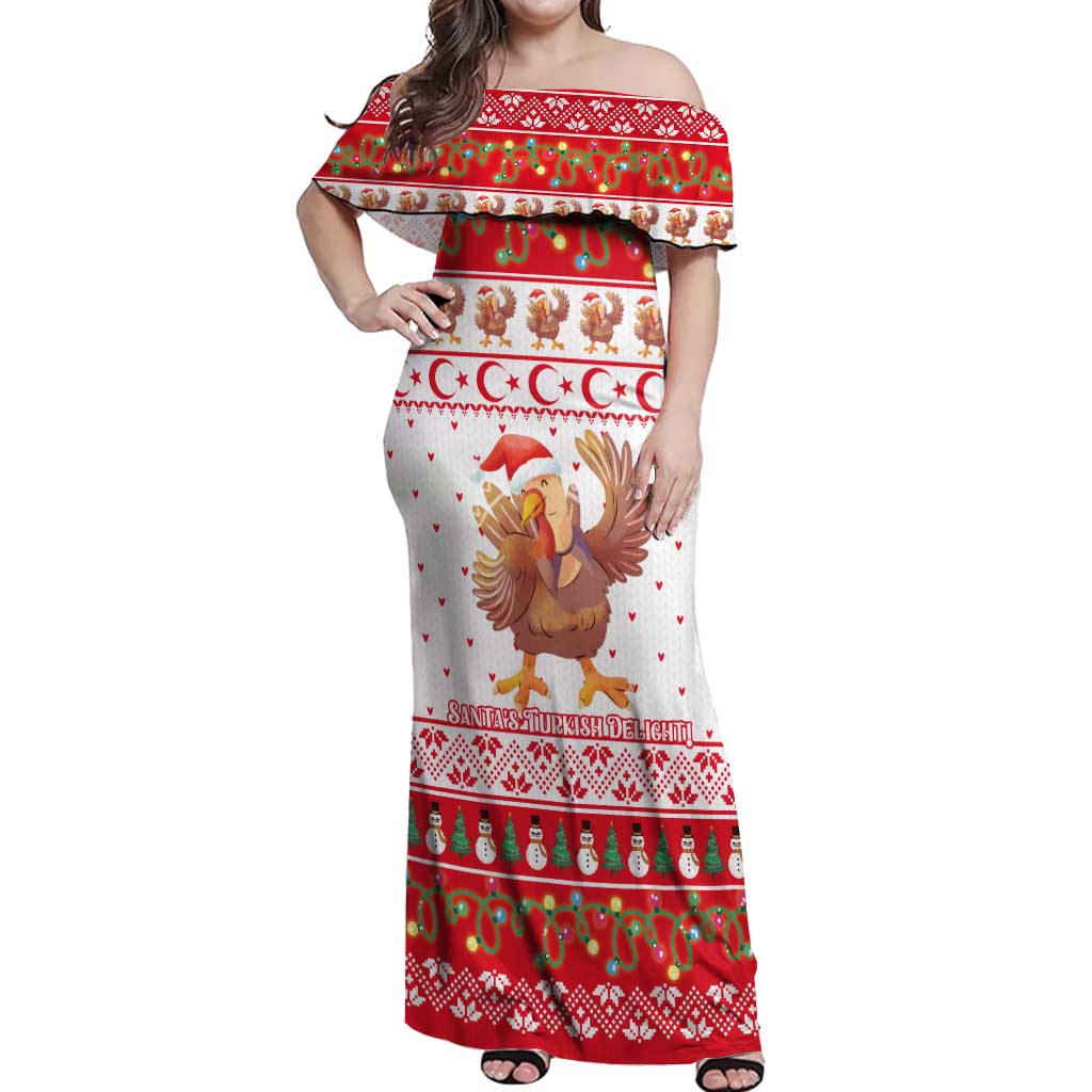 Turkey Christmas Off Shoulder Maxi Dress with Santa Turkey Red Crescent Pattern Snowmen and Festive Lights - Wonder Print Shop