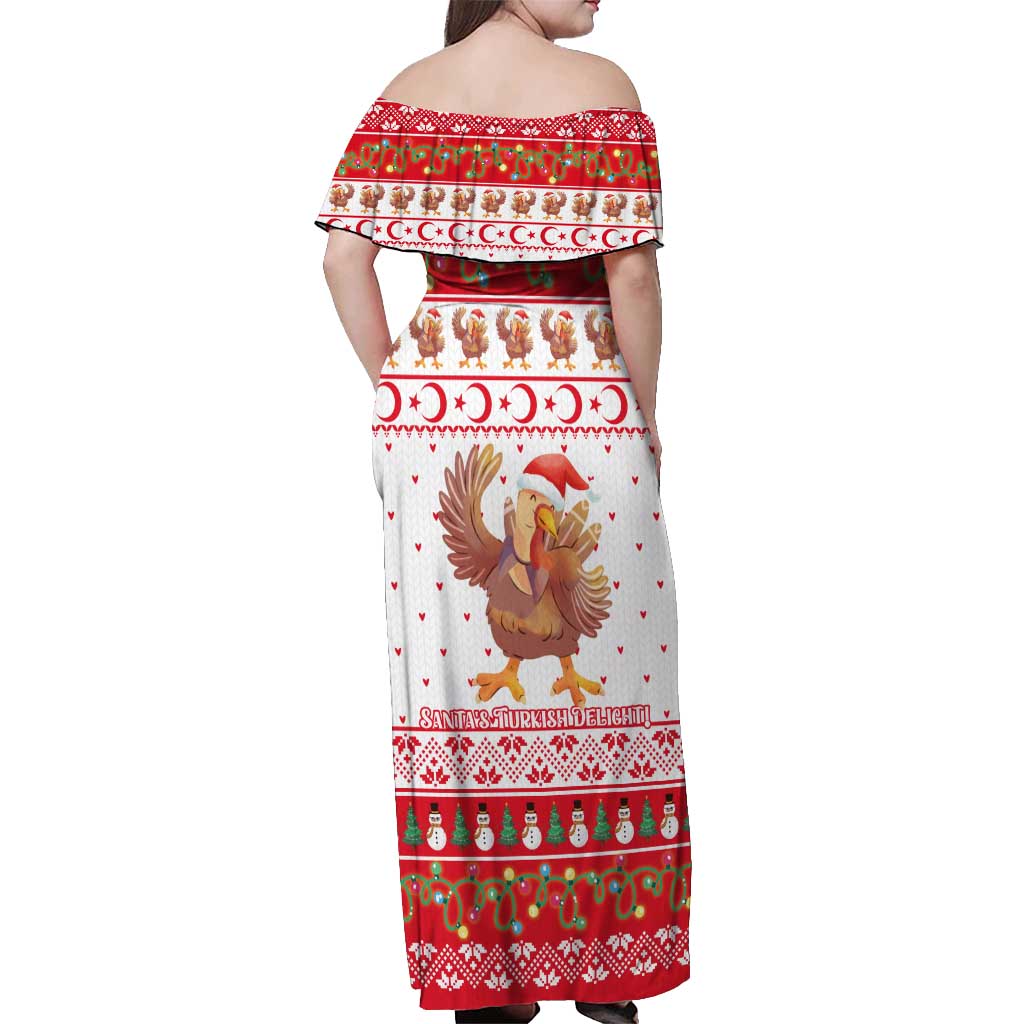 Turkey Christmas Off Shoulder Maxi Dress with Santa Turkey Red Crescent Pattern Snowmen and Festive Lights - Wonder Print Shop