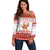 Turkey Christmas Off Shoulder Sweater with Santa Turkey Red Crescent Pattern Snowmen and Festive Lights - Wonder Print Shop