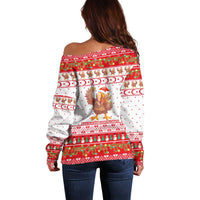 Turkey Christmas Off Shoulder Sweater with Santa Turkey Red Crescent Pattern Snowmen and Festive Lights - Wonder Print Shop