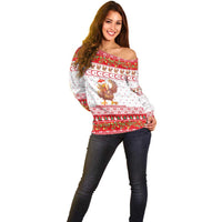 Turkey Christmas Off Shoulder Sweater with Santa Turkey Red Crescent Pattern Snowmen and Festive Lights - Wonder Print Shop