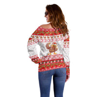 Turkey Christmas Off Shoulder Sweater with Santa Turkey Red Crescent Pattern Snowmen and Festive Lights - Wonder Print Shop