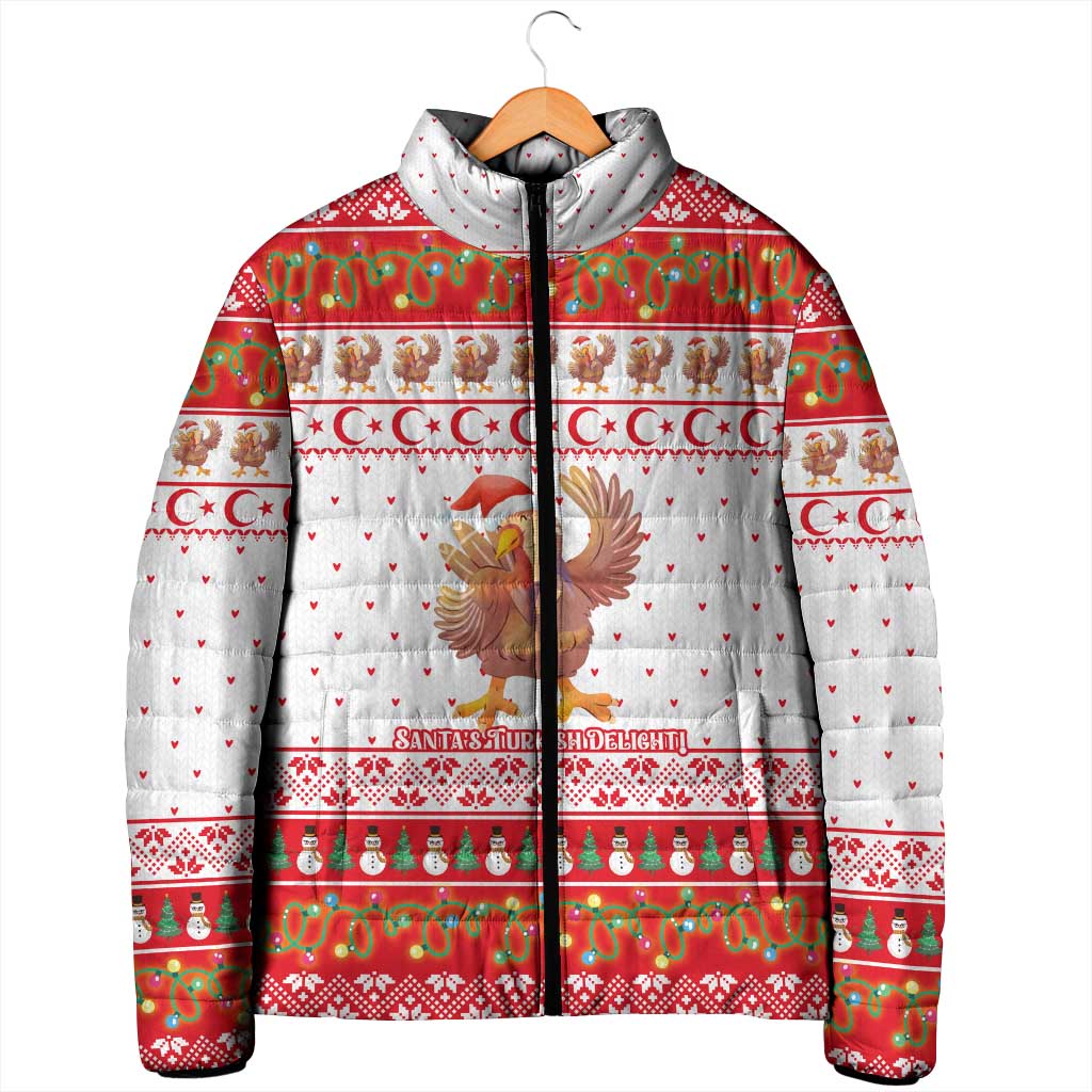 Turkey Christmas Padded Jacket with Santa Turkey Red Crescent Pattern Snowmen and Festive Lights - Wonder Print Shop