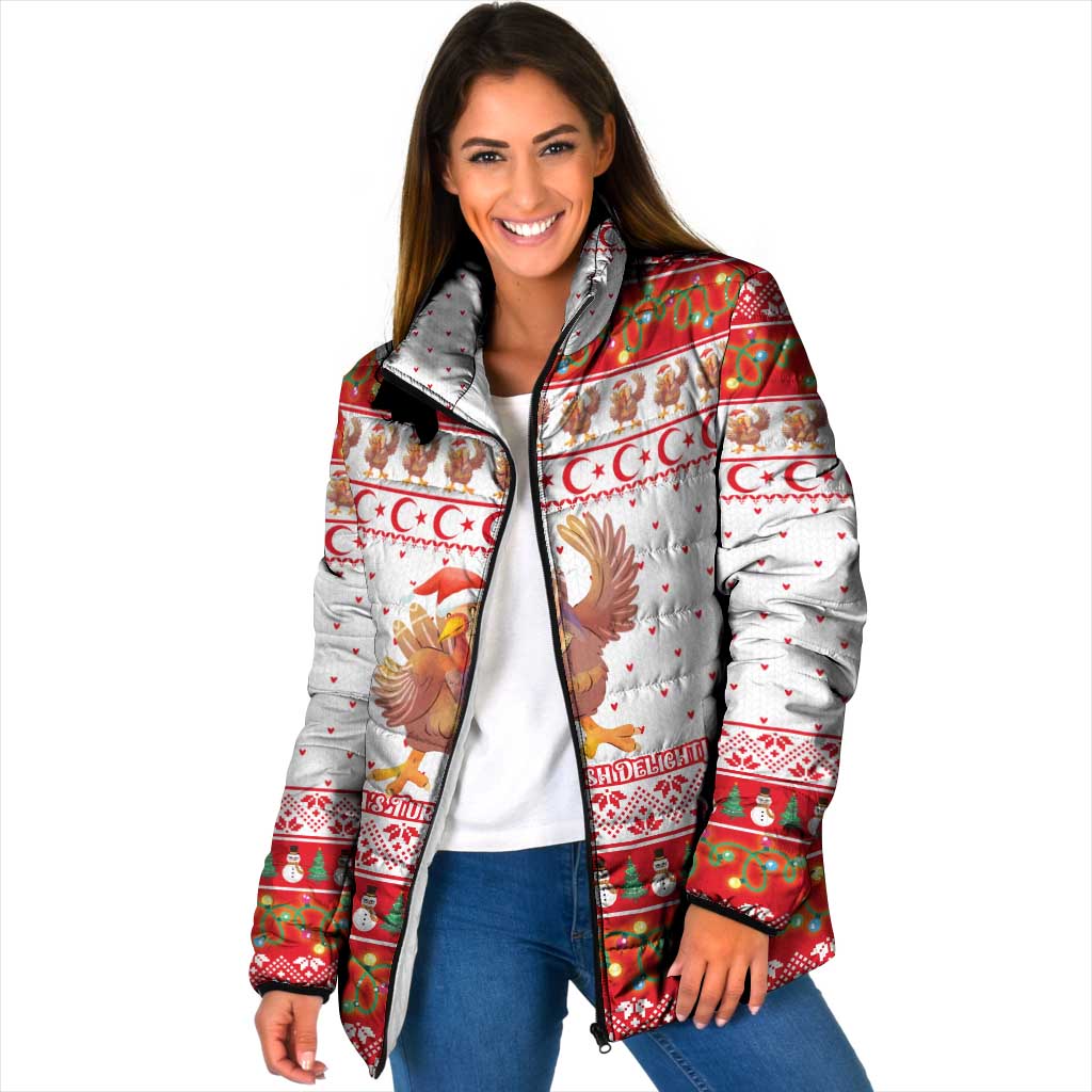 Turkey Christmas Padded Jacket with Santa Turkey Red Crescent Pattern Snowmen and Festive Lights - Wonder Print Shop
