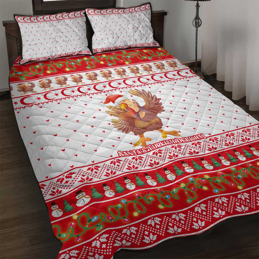 Turkey Christmas Quilt Bed Set with Santa Turkey Red Crescent Pattern Snowmen and Festive Lights - Wonder Print Shop
