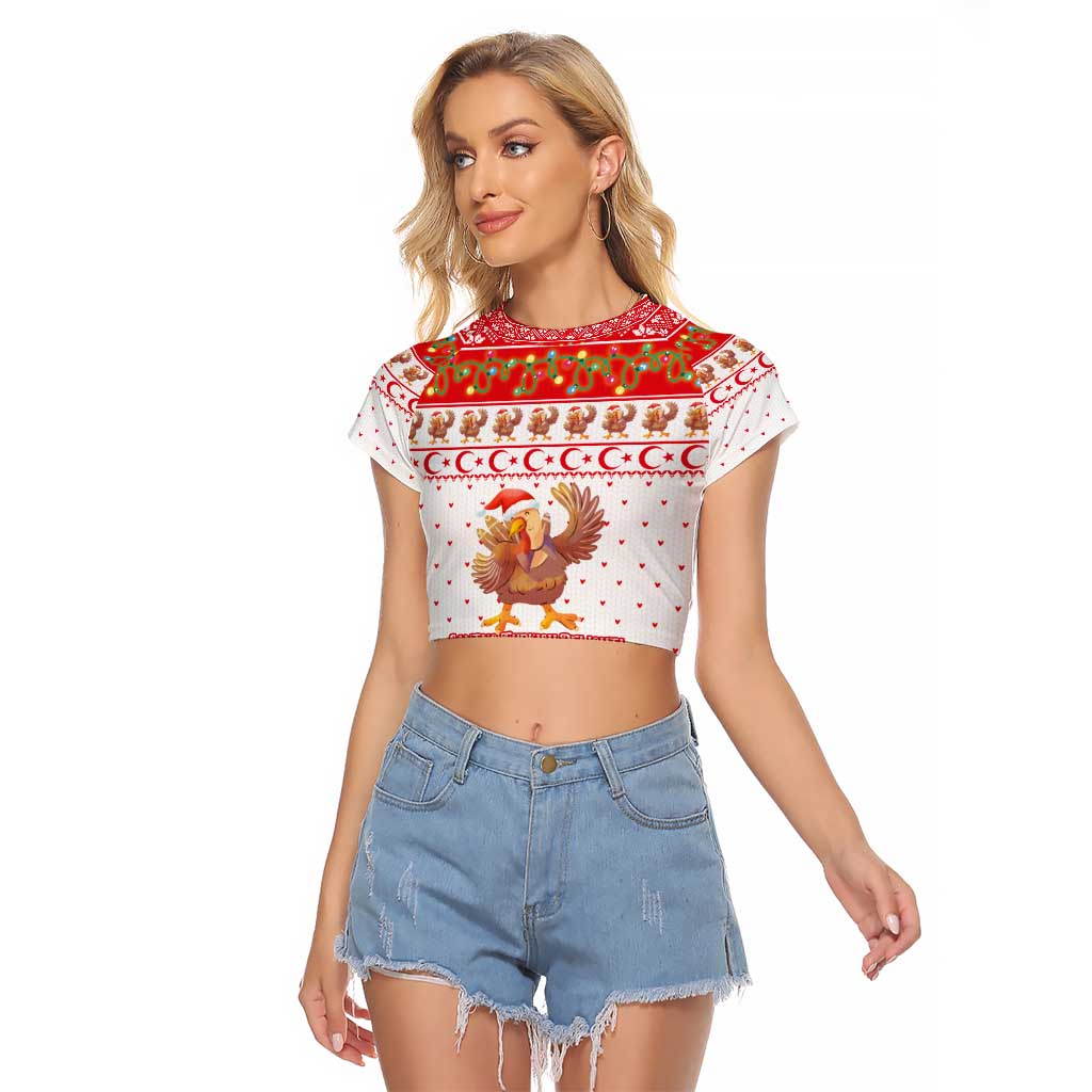 Turkey Christmas Raglan Cropped T Shirt with Santa Turkey Red Crescent Pattern Snowmen and Festive Lights - Wonder Print Shop