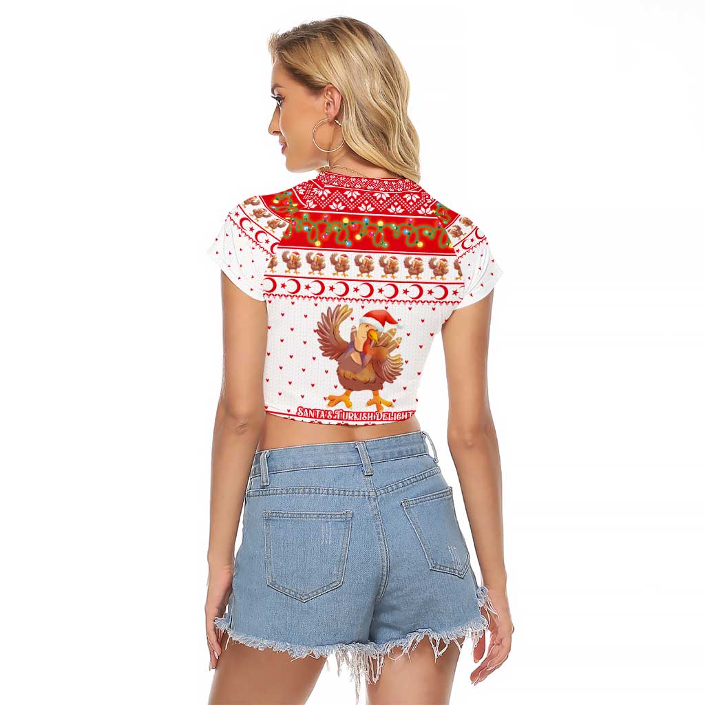 Turkey Christmas Raglan Cropped T Shirt with Santa Turkey Red Crescent Pattern Snowmen and Festive Lights - Wonder Print Shop