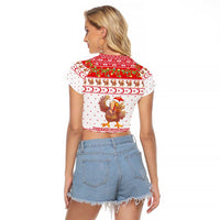 Turkey Christmas Raglan Cropped T Shirt with Santa Turkey Red Crescent Pattern Snowmen and Festive Lights - Wonder Print Shop