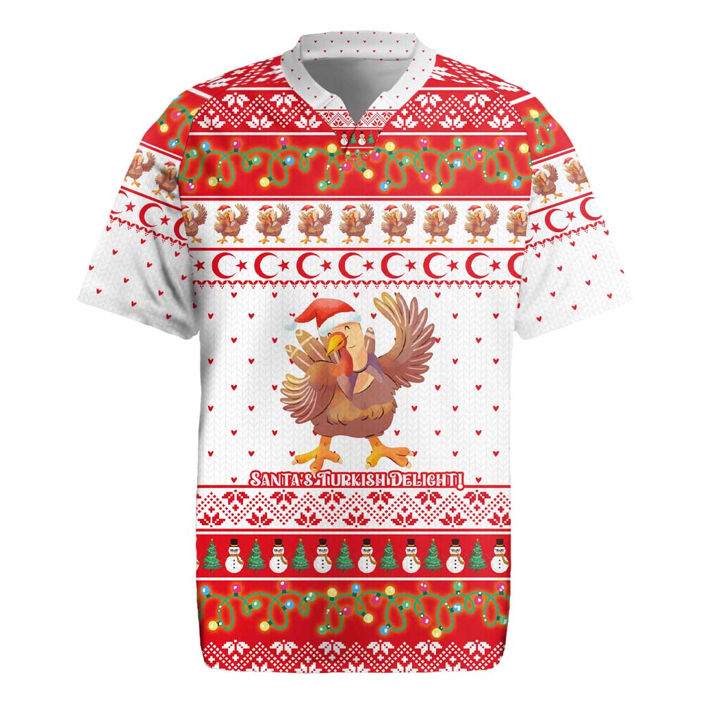 Turkey Christmas Rugby Jersey with Santa Turkey Red Crescent Pattern Snowmen and Festive Lights - Wonder Print Shop
