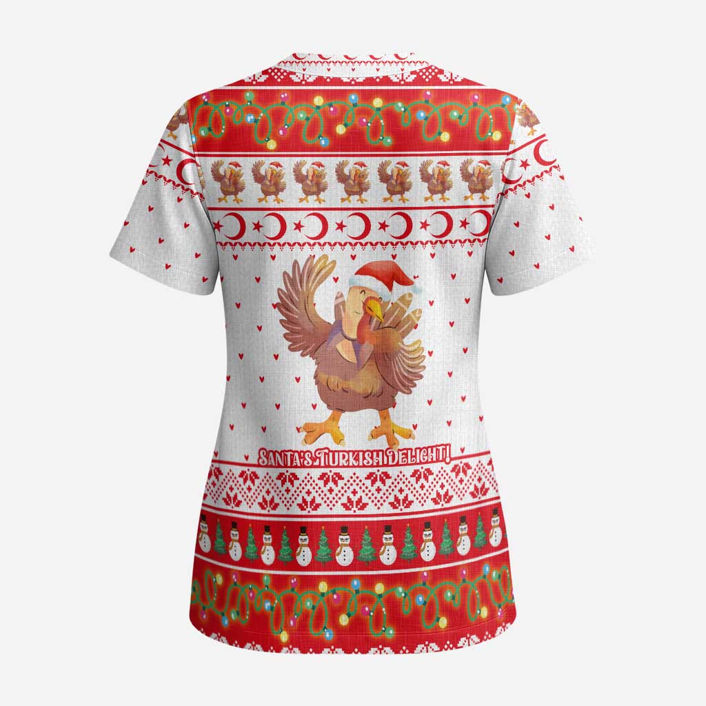 Turkey Christmas Scrub Top with Santa Turkey Red Crescent Pattern Snowmen and Festive Lights - Wonder Print Shop