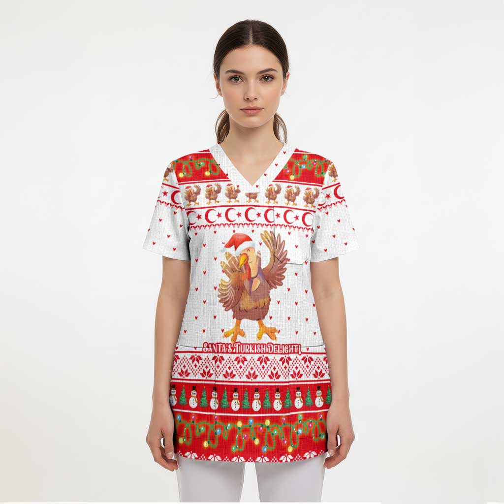 Turkey Christmas Scrub Top with Santa Turkey Red Crescent Pattern Snowmen and Festive Lights - Wonder Print Shop