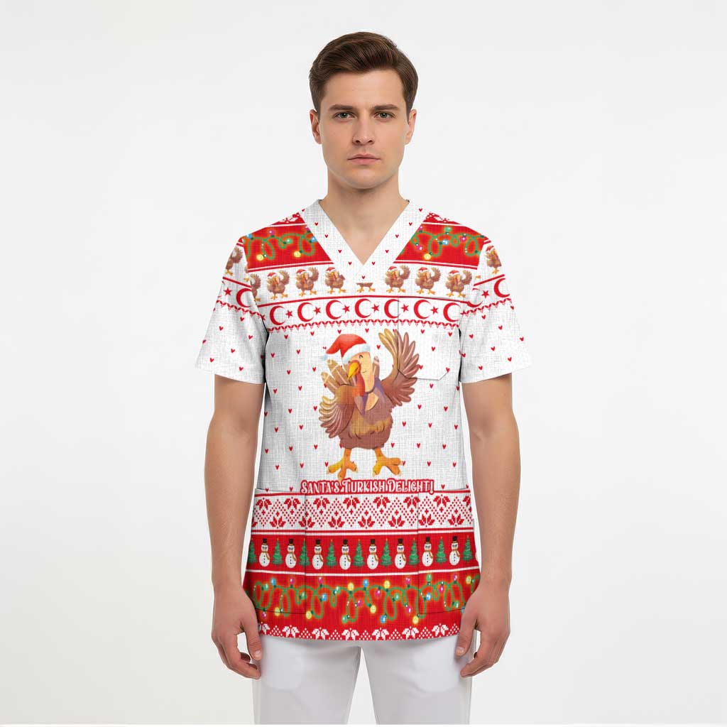 Turkey Christmas Scrub Top with Santa Turkey Red Crescent Pattern Snowmen and Festive Lights - Wonder Print Shop