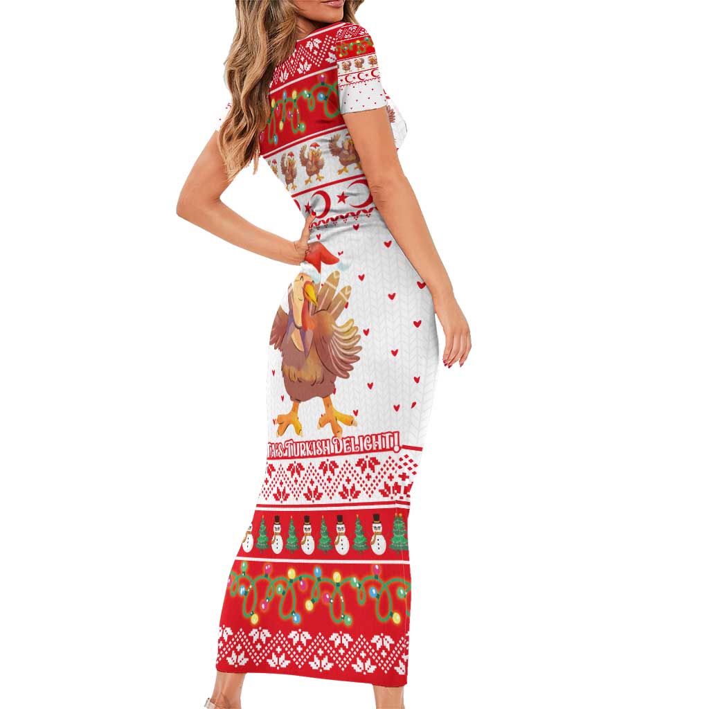 Turkey Christmas Short Sleeve Bodycon Dress with Santa Turkey Red Crescent Pattern Snowmen and Festive Lights - Wonder Print Shop