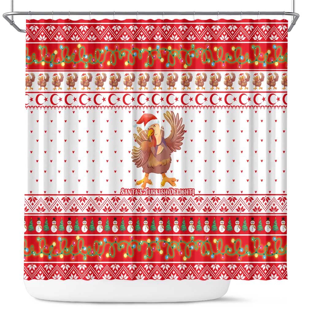 Turkey Christmas Shower Curtain with Santa Turkey Red Crescent Pattern Snowmen and Festive Lights - Wonder Print Shop