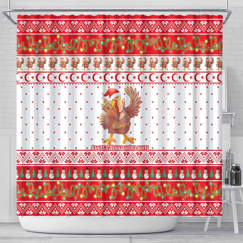 Turkey Christmas Shower Curtain with Santa Turkey Red Crescent Pattern Snowmen and Festive Lights - Wonder Print Shop