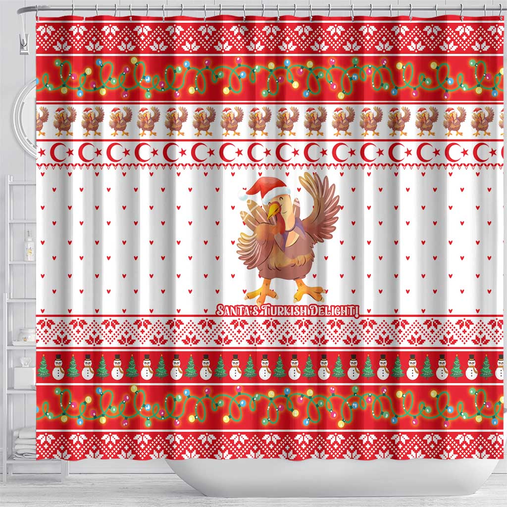 Turkey Christmas Shower Curtain with Santa Turkey Red Crescent Pattern Snowmen and Festive Lights - Wonder Print Shop