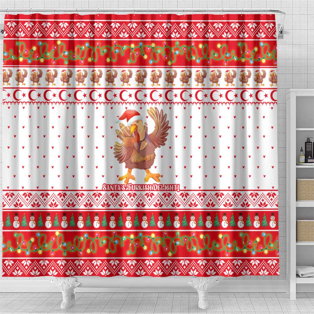 Turkey Christmas Shower Curtain with Santa Turkey Red Crescent Pattern Snowmen and Festive Lights - Wonder Print Shop