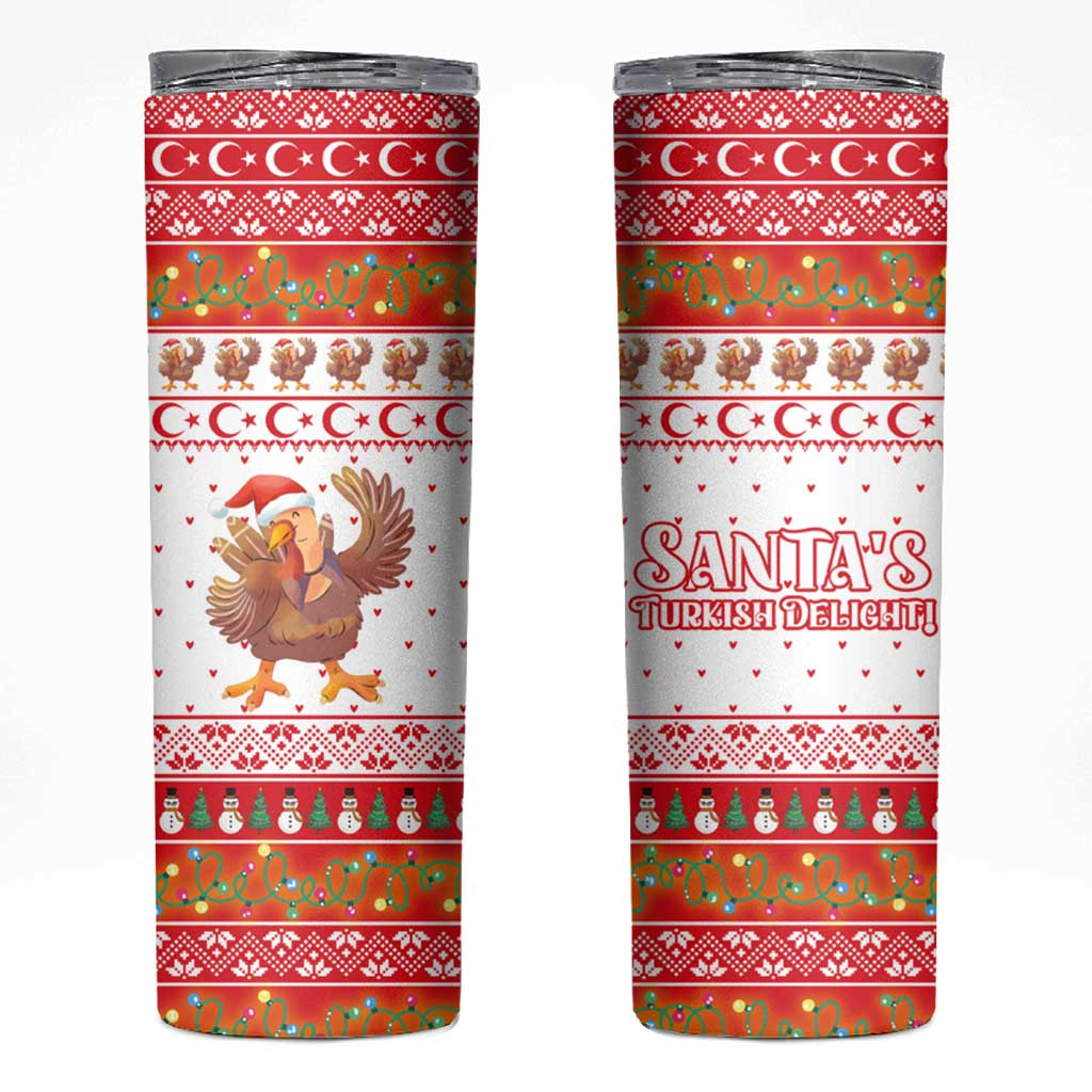 Turkey Christmas Skinny Tumbler with Santa Turkey Red Crescent Pattern Snowmen and Festive Lights - Wonder Print Shop