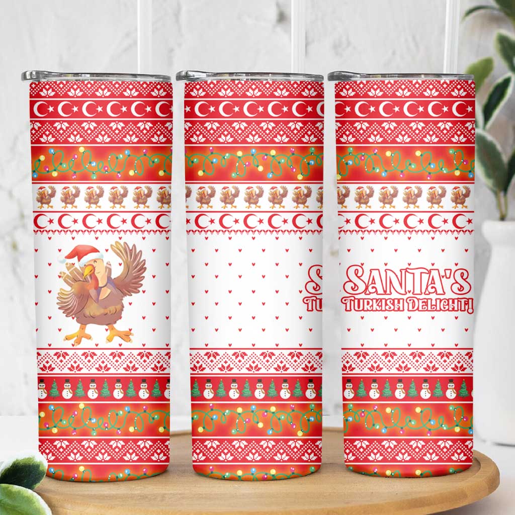 Turkey Christmas Skinny Tumbler with Santa Turkey Red Crescent Pattern Snowmen and Festive Lights - Wonder Print Shop