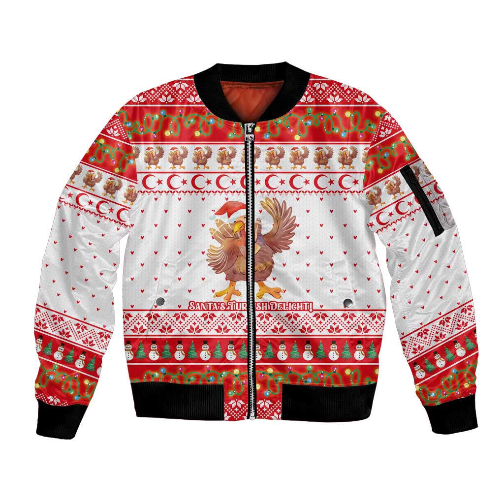 Turkey Christmas Sleeve Zip Bomber Jacket with Santa Turkey Red Crescent Pattern Snowmen and Festive Lights - Wonder Print Shop