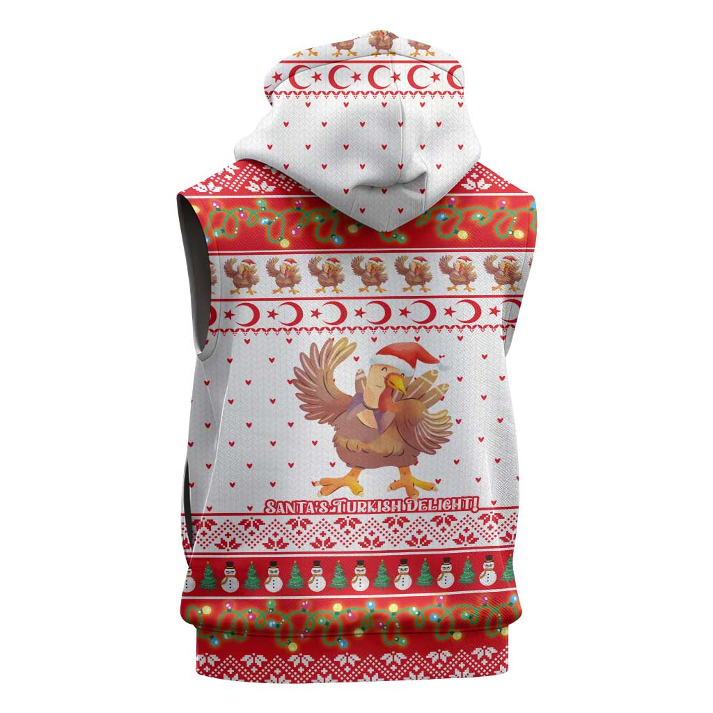 Turkey Christmas Sleeveless Hoodie with Santa Turkey Red Crescent Pattern Snowmen and Festive Lights - Wonder Print Shop