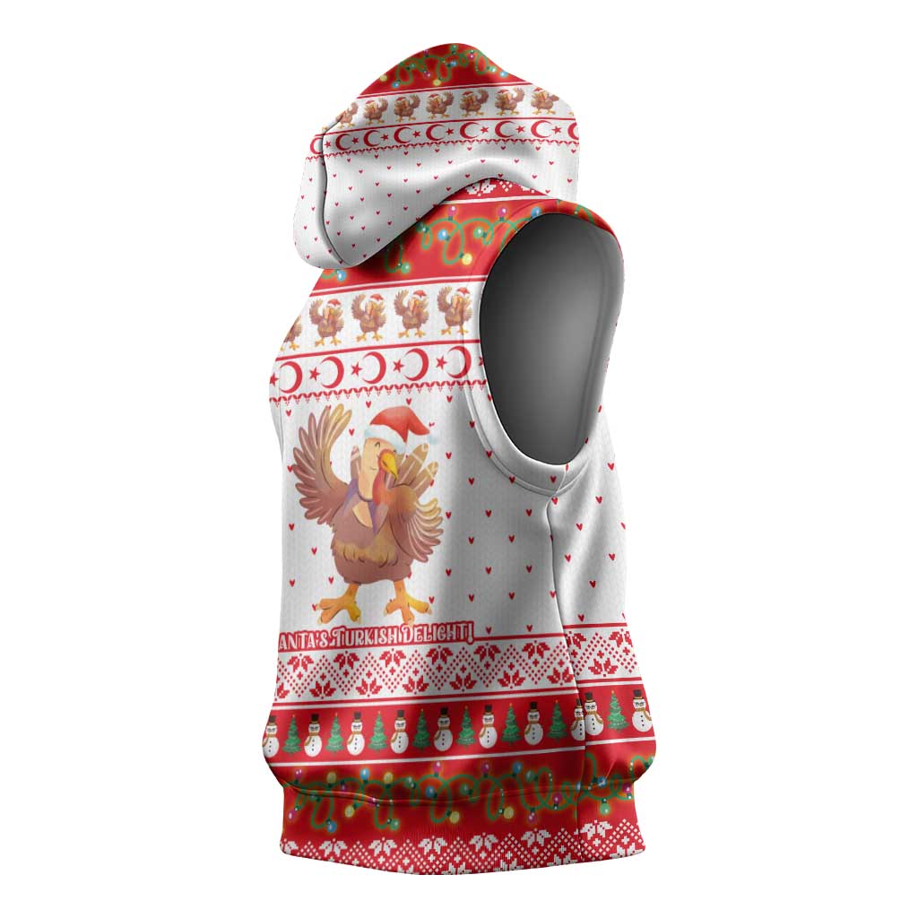 Turkey Christmas Sleeveless Hoodie with Santa Turkey Red Crescent Pattern Snowmen and Festive Lights - Wonder Print Shop