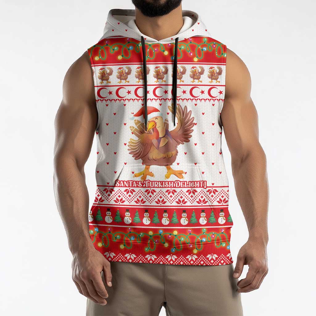 Turkey Christmas Sleeveless Hoodie with Santa Turkey Red Crescent Pattern Snowmen and Festive Lights - Wonder Print Shop