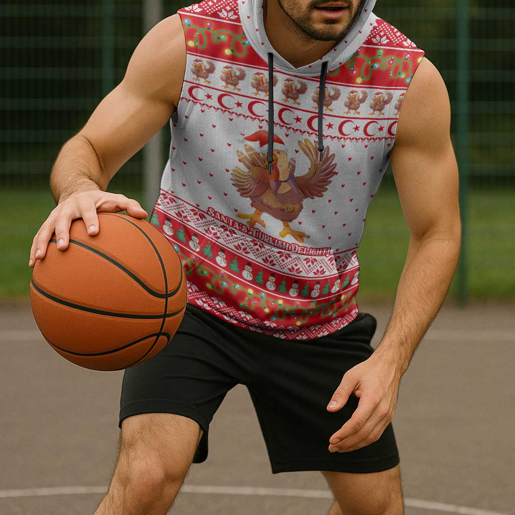 Turkey Christmas Sleeveless Hoodie with Santa Turkey Red Crescent Pattern Snowmen and Festive Lights - Wonder Print Shop