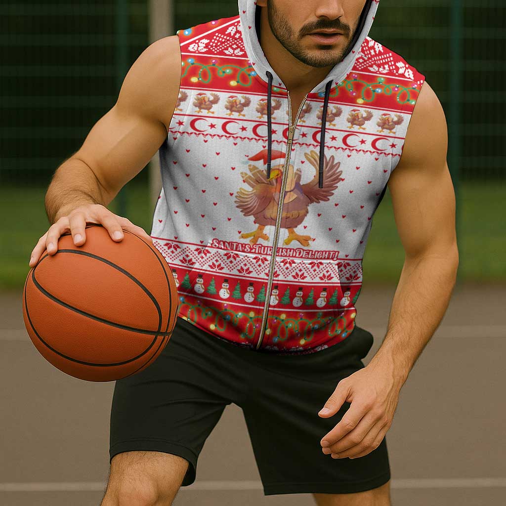 Turkey Christmas Sleeveless Zip Hoodie with Santa Turkey Red Crescent Pattern Snowmen and Festive Lights - Wonder Print Shop