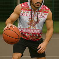 Turkey Christmas Sleeveless Zip Hoodie with Santa Turkey Red Crescent Pattern Snowmen and Festive Lights - Wonder Print Shop