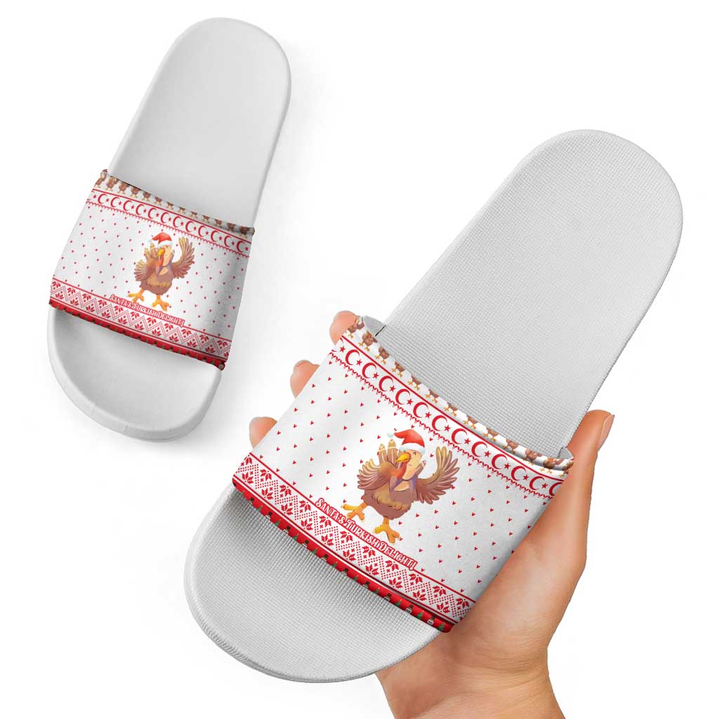 Turkey Christmas Slide Sandals with Santa Turkey Red Crescent Pattern Snowmen and Festive Lights - Wonder Print Shop