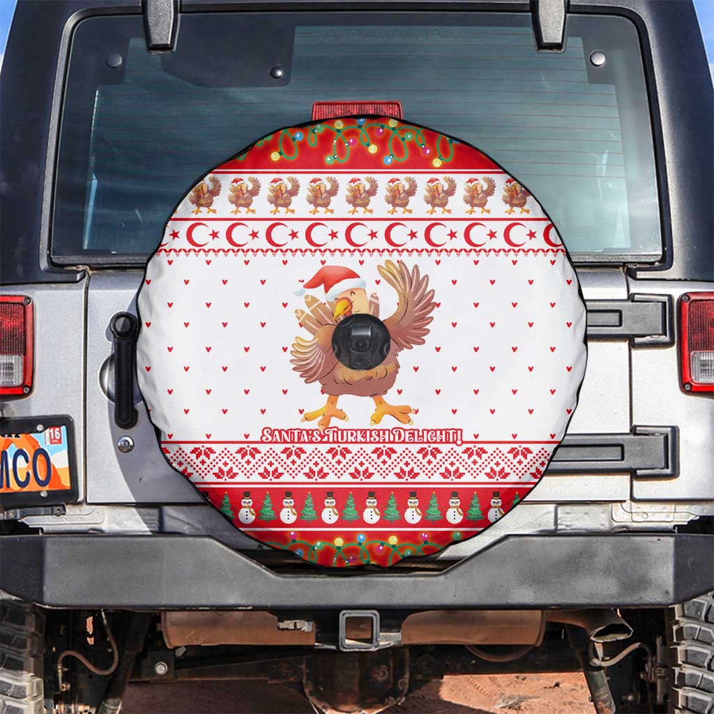 Turkey Christmas Spare Tire Cover with Santa Turkey Red Crescent Pattern Snowmen and Festive Lights - Wonder Print Shop
