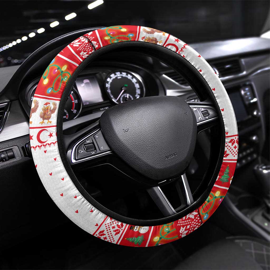 Turkey Christmas Steering Wheel Cover with Santa Turkey Red Crescent Pattern Snowmen and Festive Lights - Wonder Print Shop