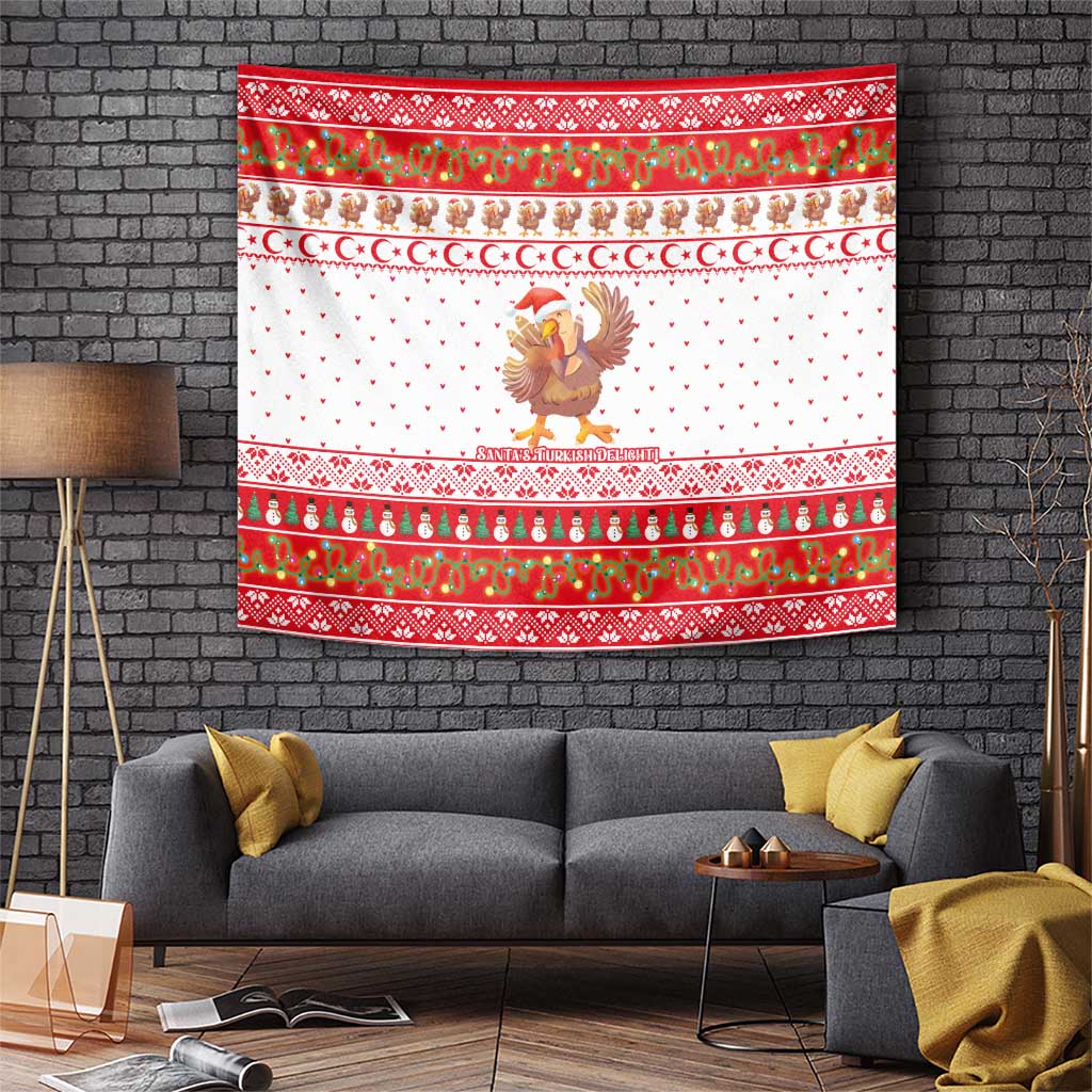 Turkey Christmas Tapestry with Santa Turkey Red Crescent Pattern Snowmen and Festive Lights - Wonder Print Shop