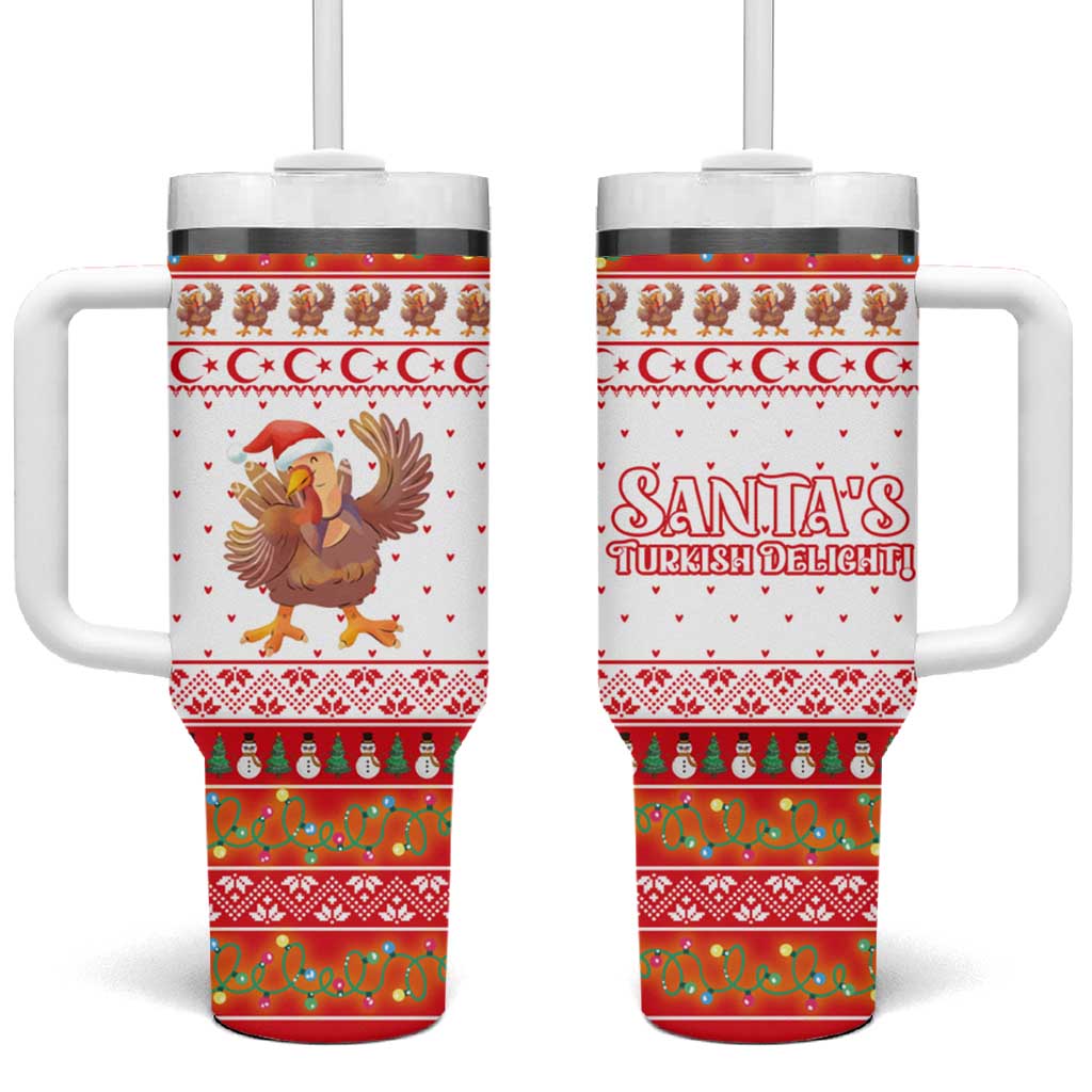 Turkey Christmas Tumbler With Handle with Santa Turkey Red Crescent Pattern Snowmen and Festive Lights - Wonder Print Shop