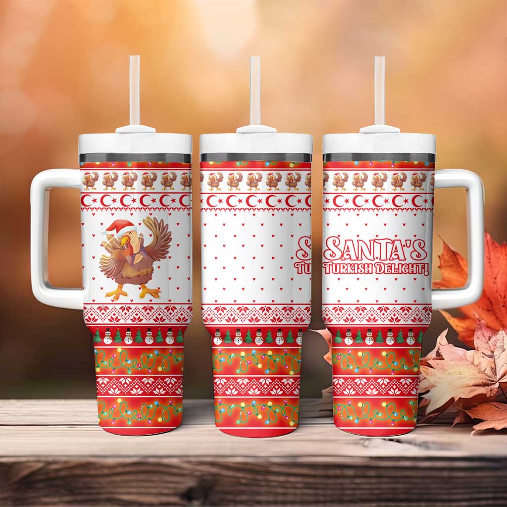 Turkey Christmas Tumbler With Handle with Santa Turkey Red Crescent Pattern Snowmen and Festive Lights - Wonder Print Shop